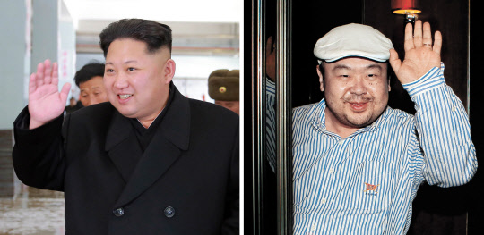 북한 김정은 노동당 위원장(왼쪽)의 이복형 김정남이 13일 오전(현지시간) 말레이시아에서 피살됐다고 정부 소식통이 14일 밝혔다. 왼쪽은 조선중앙통신이 발행한 2016년 11월 김정은 모습. 오른쪽은 중앙선데이가 제공한 2010년  마카오 시내 알티라 호텔 10층 식당 앞에서 나타난 김정남 모습.